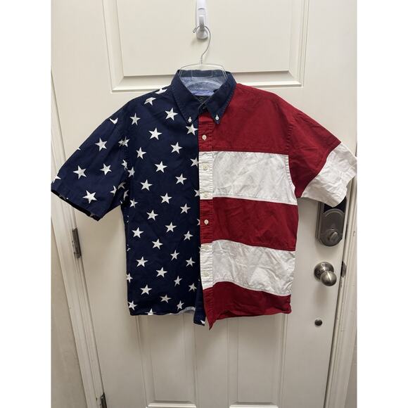 Red Head American Flag Short Sleeve Button Size Large Patriotic 4th Of July - Picture 1 of 6